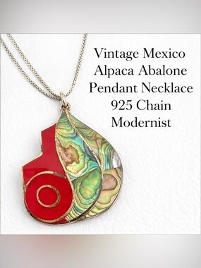 Vintage Mexico Alpaca Abalone Pendant Necklace 925 Chain Modernist